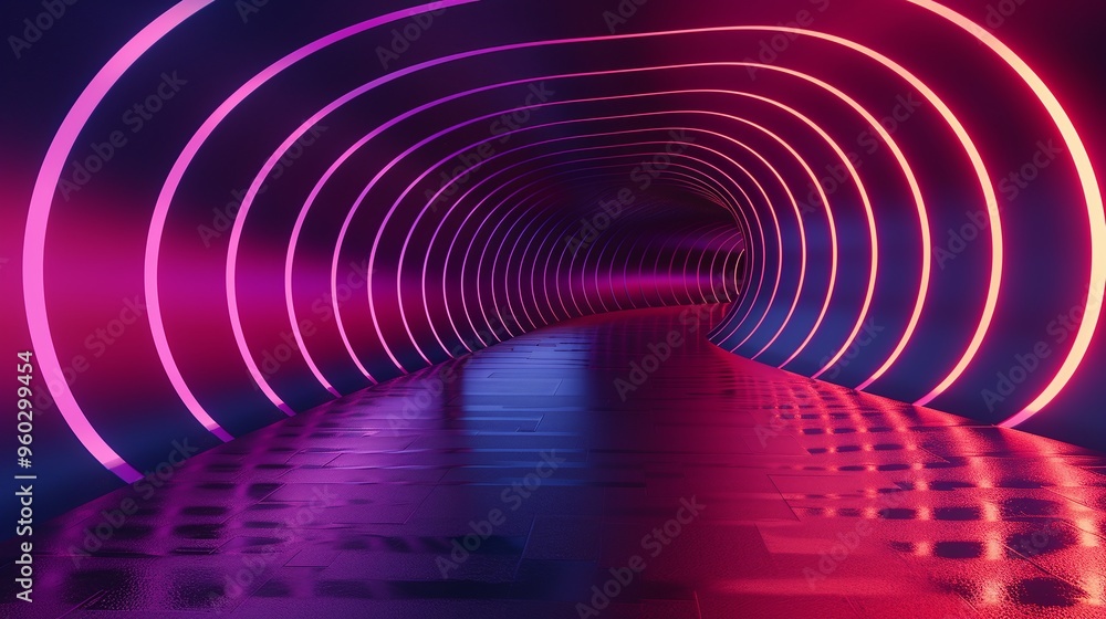 Poster a vibrant tunnel illuminated with colorful neon lights, creating a futuristic and dynamic atmosphere