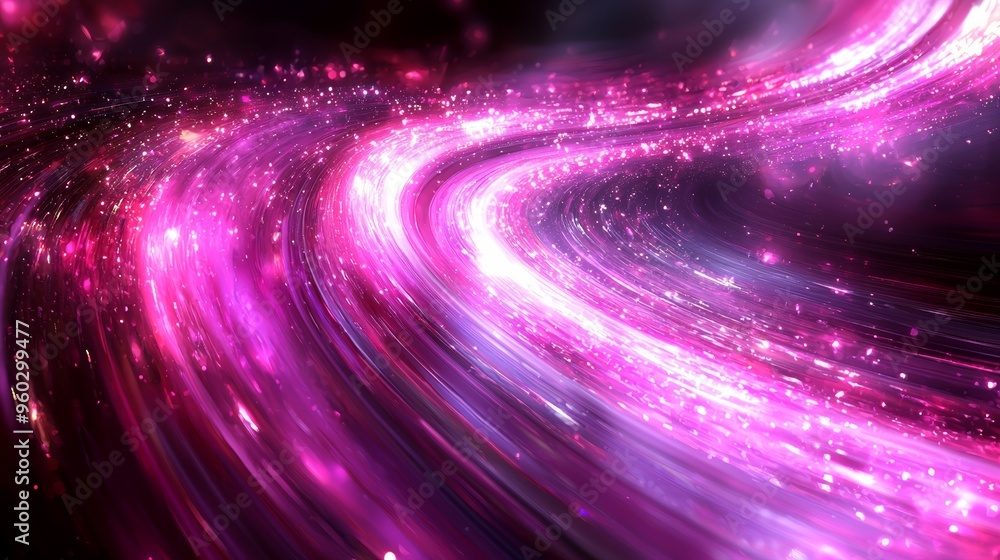 Poster a vibrant swirl of pink and purple light illustrating a dynamic cosmic scene with sparkling particle