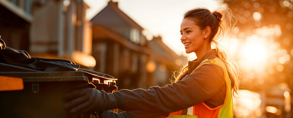 Female refuse collector working at sunrise in a town collecting recycling and rubbish