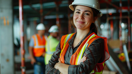 Portrait of a female construction worker standing in front
