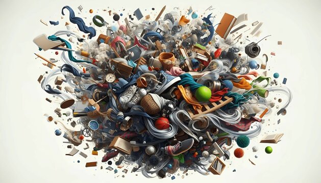 a whirlwind of objects, clothes, books, and random household items in mid-air creating an abstract mess