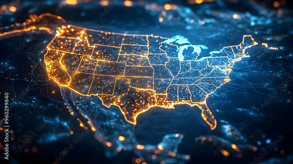 Poster illuminated map of the united states showcasing data visualization.