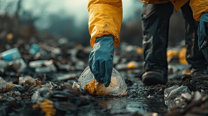 Fototapeta premium Volunteer picking up trash. The image shows a person cleaning up trash in a polluted environment, promoting a message of environmental awareness and responsibility.