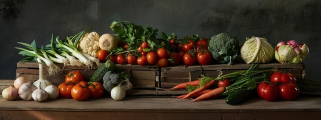 Assorted fresh vegetables on a rustic wooden table