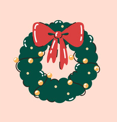 Christmas wreath with bow and garland. Flat vector illustration. © Kateryna Moskaleno