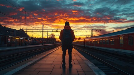 78. Person standing at a train station platform at dawn, ready to embark on a new adventure