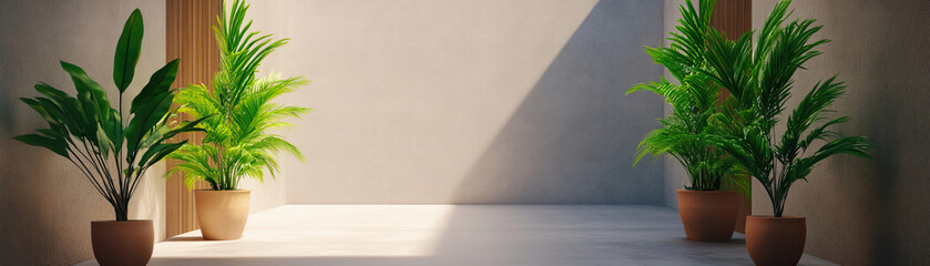 A modern interior featuring vibrant green plants in elegant pots, creating a calming atmosphere with soft natural light.