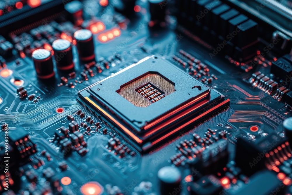 Poster close-up photo of a computer motherboard. the photo shows the intricate circuitry and components of 