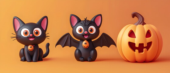 Fototapeta premium A vector set of 3 Halloween characters in 3d clay design, including a Black cat, a Bat with the silly face, and an cute Pumpkin, adorable and festive, isolated on a clean background