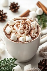 A cup of rich hot cocoa with whipped cream and marshmallows, photographed in a cozy winter setting