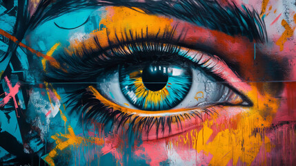 A colorful and modern street art background with a futuristic feel. It features a large, expressive eye design.