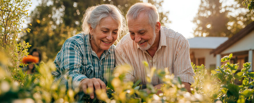 Happy retired couple gardening and enjoying life in bright sunshine - Powered by Adobe