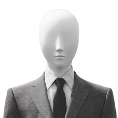 Faceless mannequin dressed in a suit, symbolizing anonymity and modern fashion trends in retail displays, isolated on transparent background.