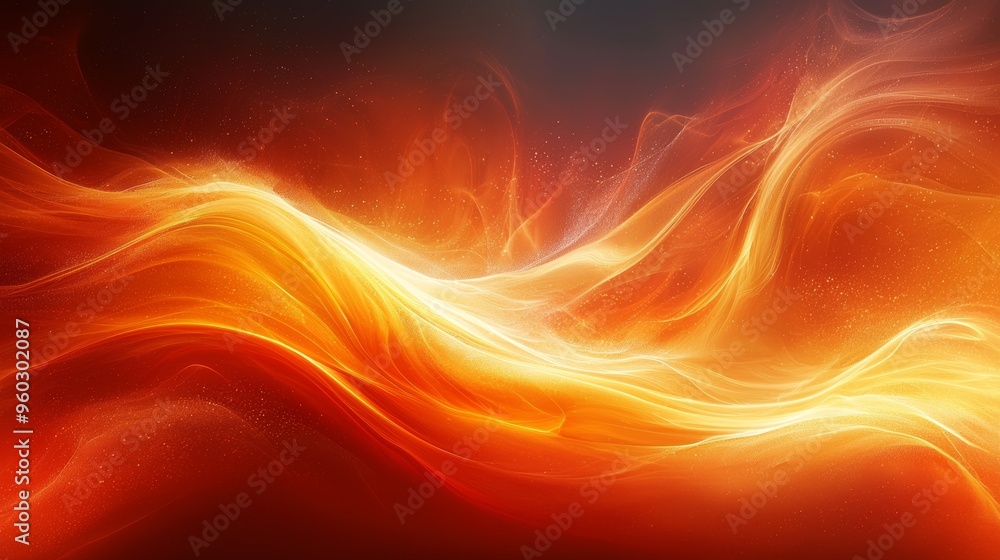 Poster vibrant orange and red swirling flames with soft wisps creating a dynamic abstract pattern in a dark