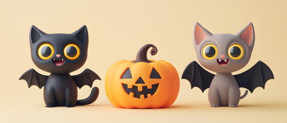Fototapeta premium A vector set of 3 Halloween characters in 3d clay design, including a Black cat, a Bat with the silly face, and an cute Pumpkin, adorable and festive, isolated on a clean background