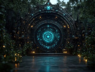 Obraz premium A large, intricately designed glowing portal with blue lights stands in a forest clearing, blending advanced technology with nature.