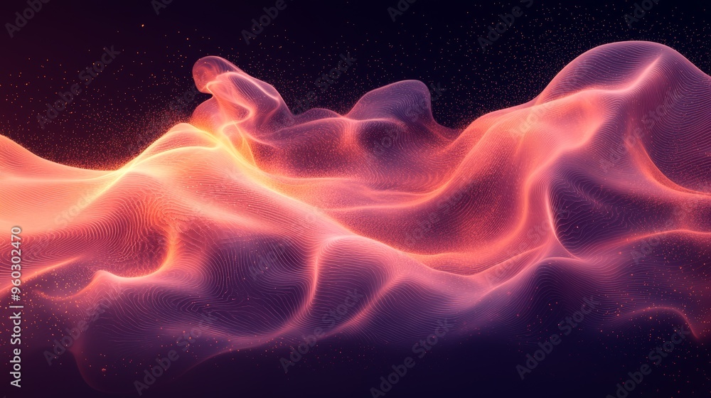 Poster abstract colorful wave-like forms floating gracefully in a dark space, creating a vibrant and dynami