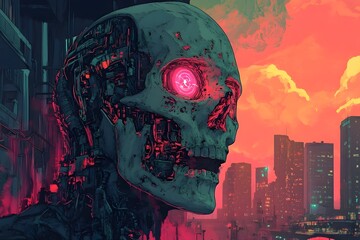 Obraz premium Dystopian Digital of a Cybernetic Zombie Interfacing with a Complex Computer System in a Neon Lit