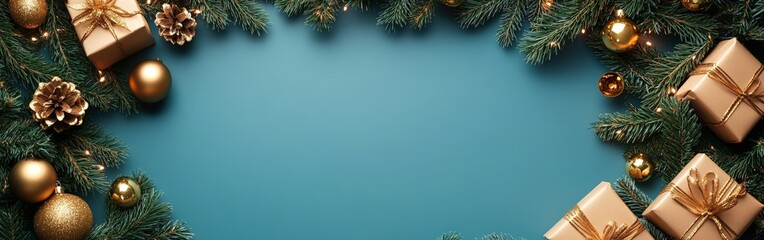 Christmas frame with fir branches, golden balls, and gifts