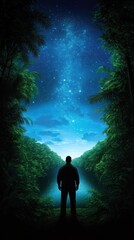 Fototapeta premium A person stands in a lush forest, gazing up at a starry sky filled with twinkling stars, evoking feelings of wonder and exploration.