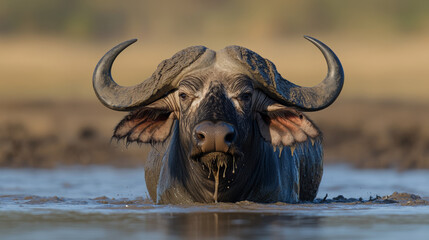 Naklejka premium African Buffalo in Mud: A Close-Up Portrait