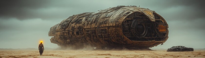 A mysterious scene unfolds as a solitary figure, holding a glowing torch, nears a gigantic, weathered spaceship, standing amidst the vast emptiness of a desert.