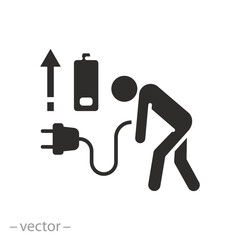 plug energy life icon, tired man with low level charge battery, no full  power, big load worker, flat vector illustration