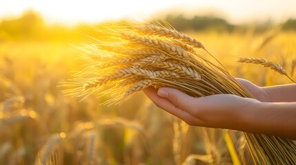 Farmer’s Hand Holding a Bundle of Wheat: A farmer's hand holding a bundle of golden wheat, with a blurred backdrop of a sunny field.
