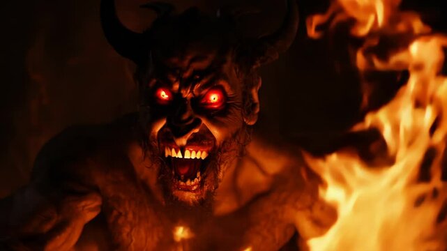 fierce demonic figure with long black hair and large curved horns, standing amidst towering flames, exuding a sense of power and intensity
