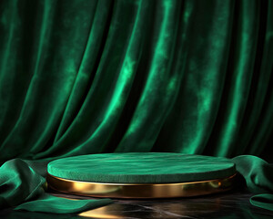 Elegant green velvet backdrop with a luxurious golden display stand for showcasing products or decorations.
