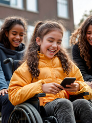 Young female school friends laughing and looking at their phones with one of them in a wheelchair with a disability