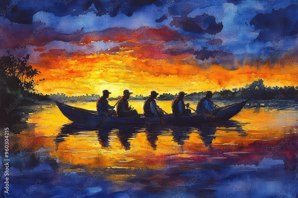 Sticker Silhouetted Rowers at Sunset on a Serene River