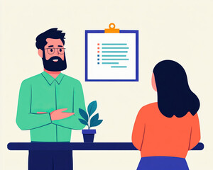 Illustration of a man and woman discussing ideas at a workspace, with a clipboard and plant in the background.