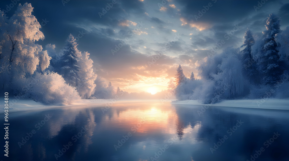 Sticker Serene winter landscape with a reflective river and sunrise.