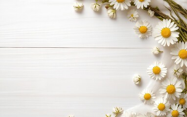 Fototapeta premium Dried chamomile flowers arranged in a circle on a linen cloth, with scattered petals, organic herb, herbal relaxation and wellness