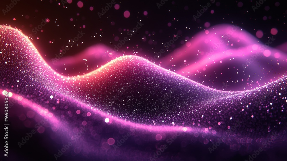 Poster abstract waves of colorful light and sparkling particles dancing in the dark background create a mes