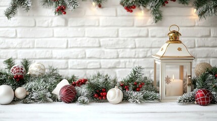 Christmas holiday background with glowing lantern. Merry Christmas and Happy New Year festive colorful composition. Xmas banner and holiday poster