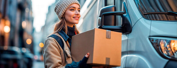 Young female delivery driver carrying a package in an urban area smiling