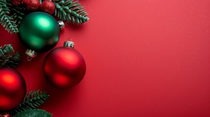 red and green decorative christmas balls on red background copy space. christmas concept