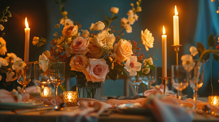 Elegant table setting for a wedding reception, soft romantic lighting, floral arrangements, and candles creating a warm atmosphere