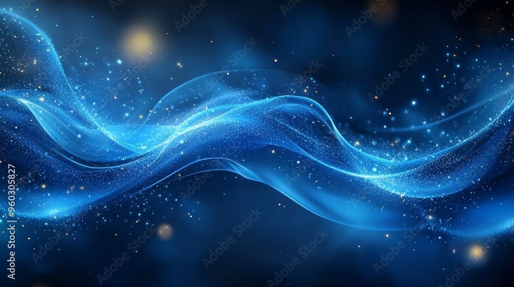 Poster a flowing abstract blue wave with shimmering particles against a dark background, creating a tranqui