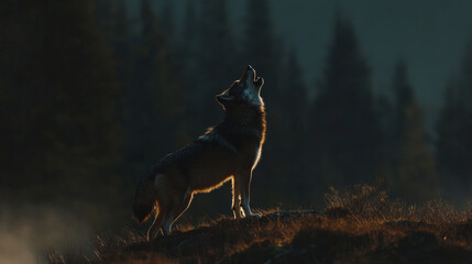 Wolf Howling in the Golden Hour Forest