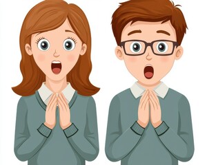 Illustration of surprised children expressing shock and curiosity with hands clasped, perfect for educational or storytelling materials.