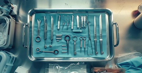 Obraz premium Aerial view of a surgical tray filled with various medical instruments ready for use in a hospital or operating room environment.