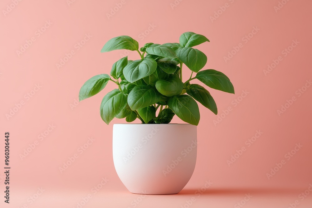 Wall mural Fresh Green Plant in Simple White Pot on Pink Background