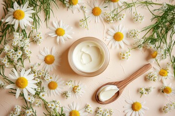 Jar of cream with wooden spoon and chamomile flowers on peach background