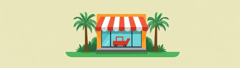 Vibrant store front with palm trees, featuring colorful awning and shopping cart. Ideal for retail and summer-themed graphics.