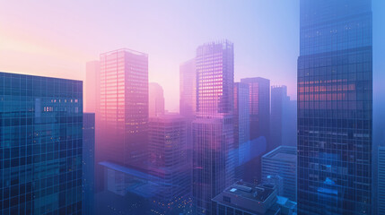 Obraz premium Nighttime city skyline with skyscrapers and urban architecture, featuring a dark blue sky and silhouette of downtown buildings