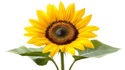 Fototapeta premium Sunflower with bright yellow petals and dark center, centered against a pure white backdrop, ultra-detailed botanical illustration, clean and cheerful, ideal for print.