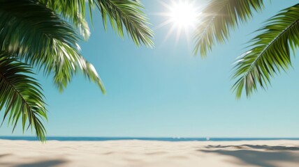 Fototapeta premium Tropical sun shining brightly over a palmlined beach, warm weather, summer vibes